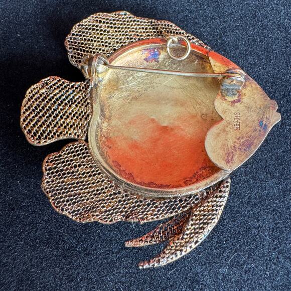 Vtg Solid Gilded Silver & Cloisonne Angel Fish Brooch/Pendant Lapis Eye 1950's - Picture 7 of 9